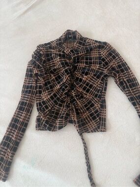 MINKPINK Plaid Ruched Long-Sleeve Top in Brown and Black